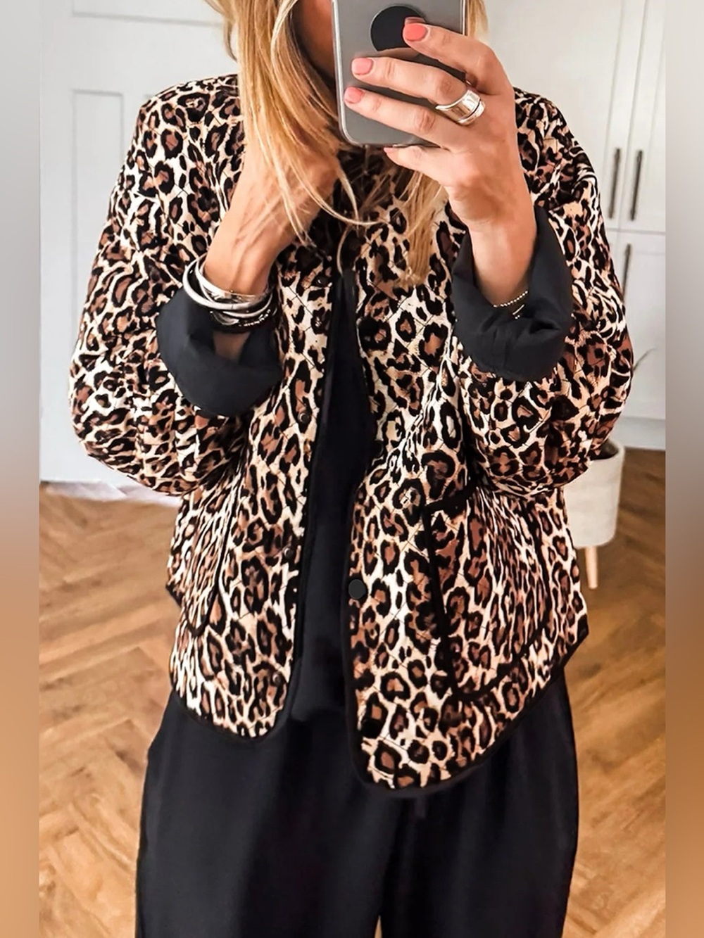 Leopard Print Quilted Button Front Patch Pockets Jacket